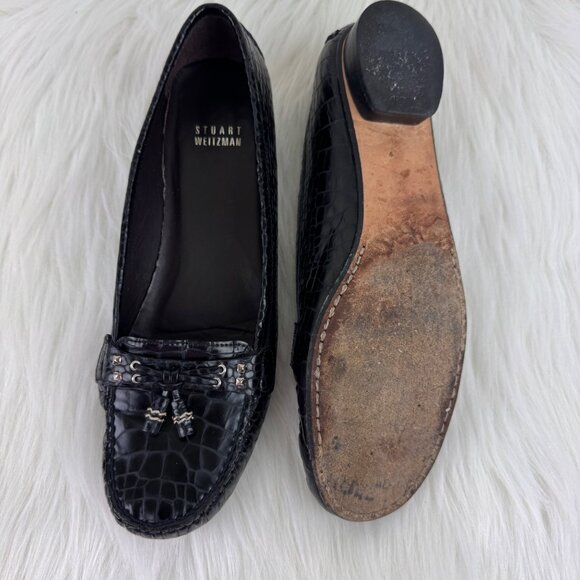 Women's Stuart Weitzman Genuine Leather Croc Embossed Tassel Loafer Sz 9M Black - Picture 5 of 7